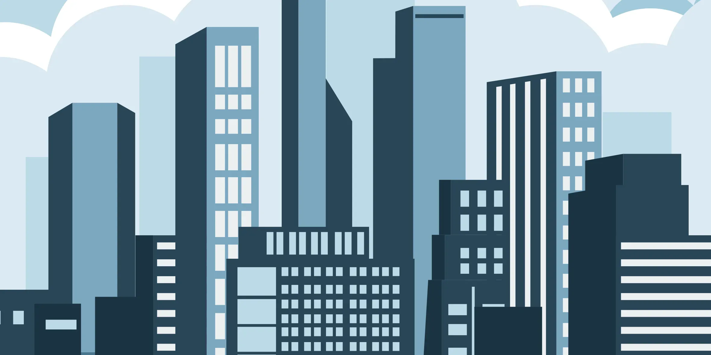 Illustration of a city skyline with tall buildings under a cloudy sky