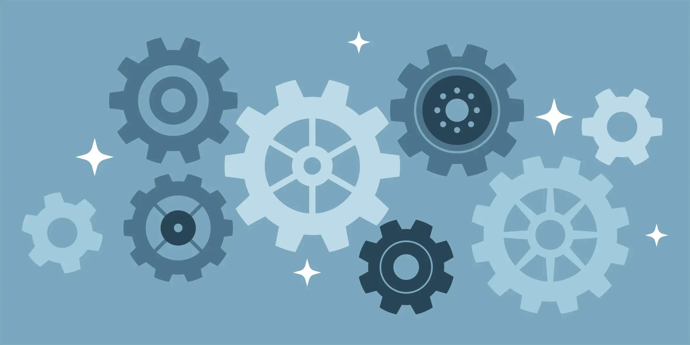 Illustration of interlocking gears in different shades of blue, representing systems working together or process automation.