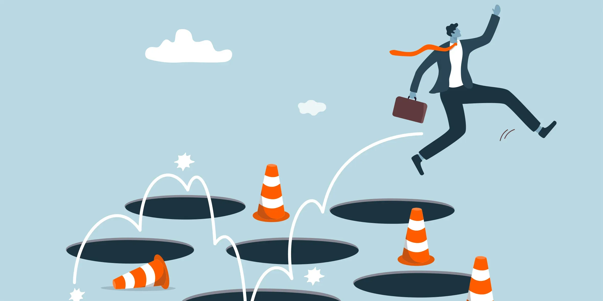 Illustration of a businessperson jumping over traffic cones and holes in the ground, symbolizing overcoming obstacles and challenges in business