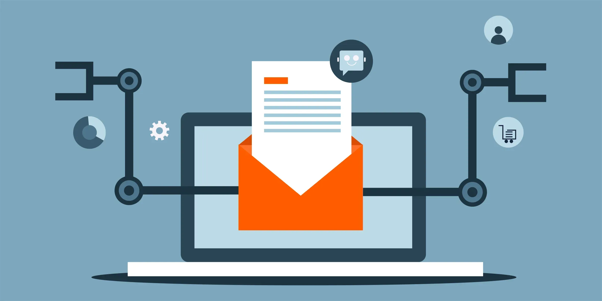 Illustration of an open envelope on a laptop screen connected to robotic arms, representing automated email communication