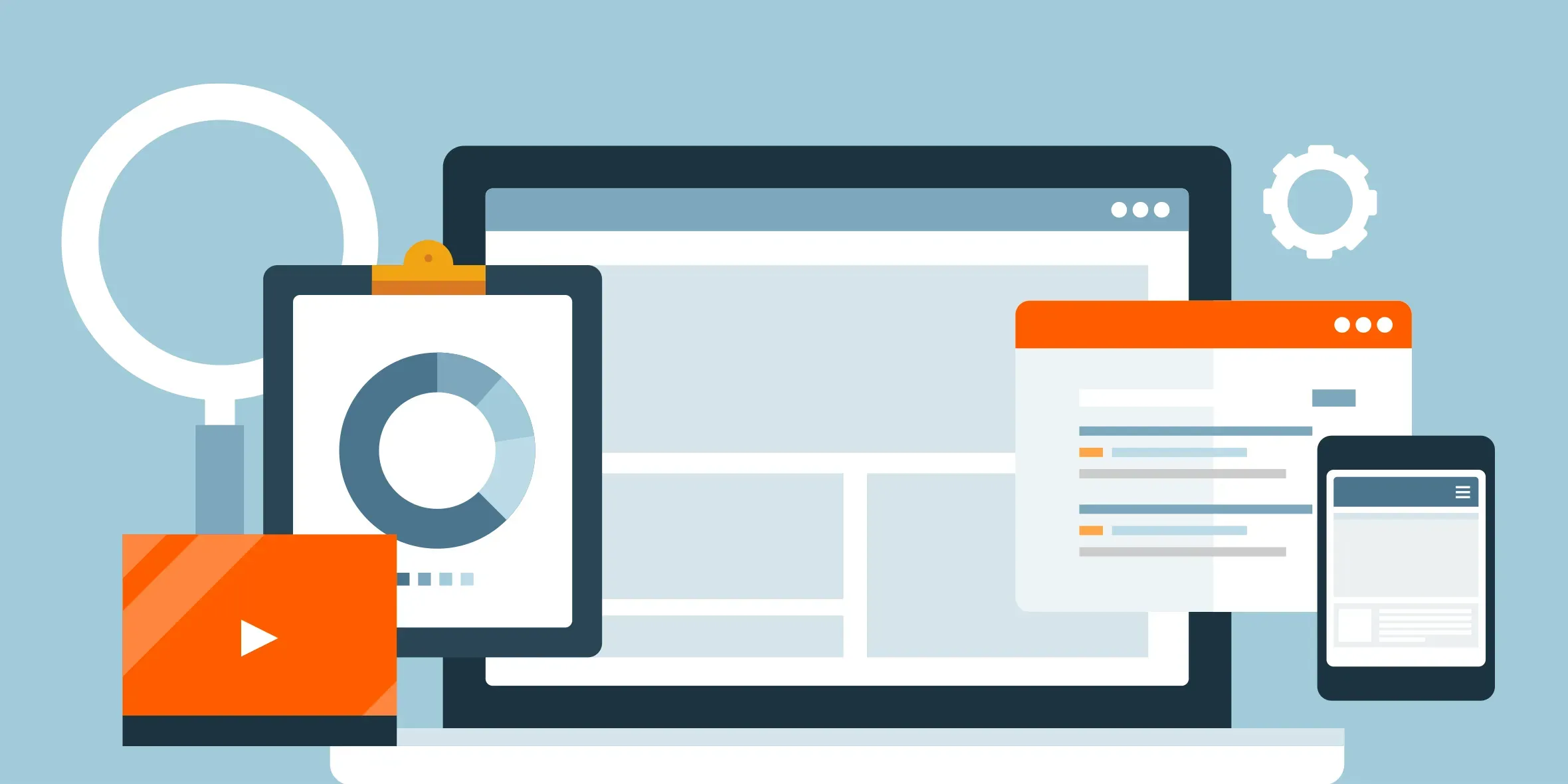 Illustration showing a laptop, tablet, and smartphone displaying charts, analytics, and web pages, representing digital marketing and media optimization.