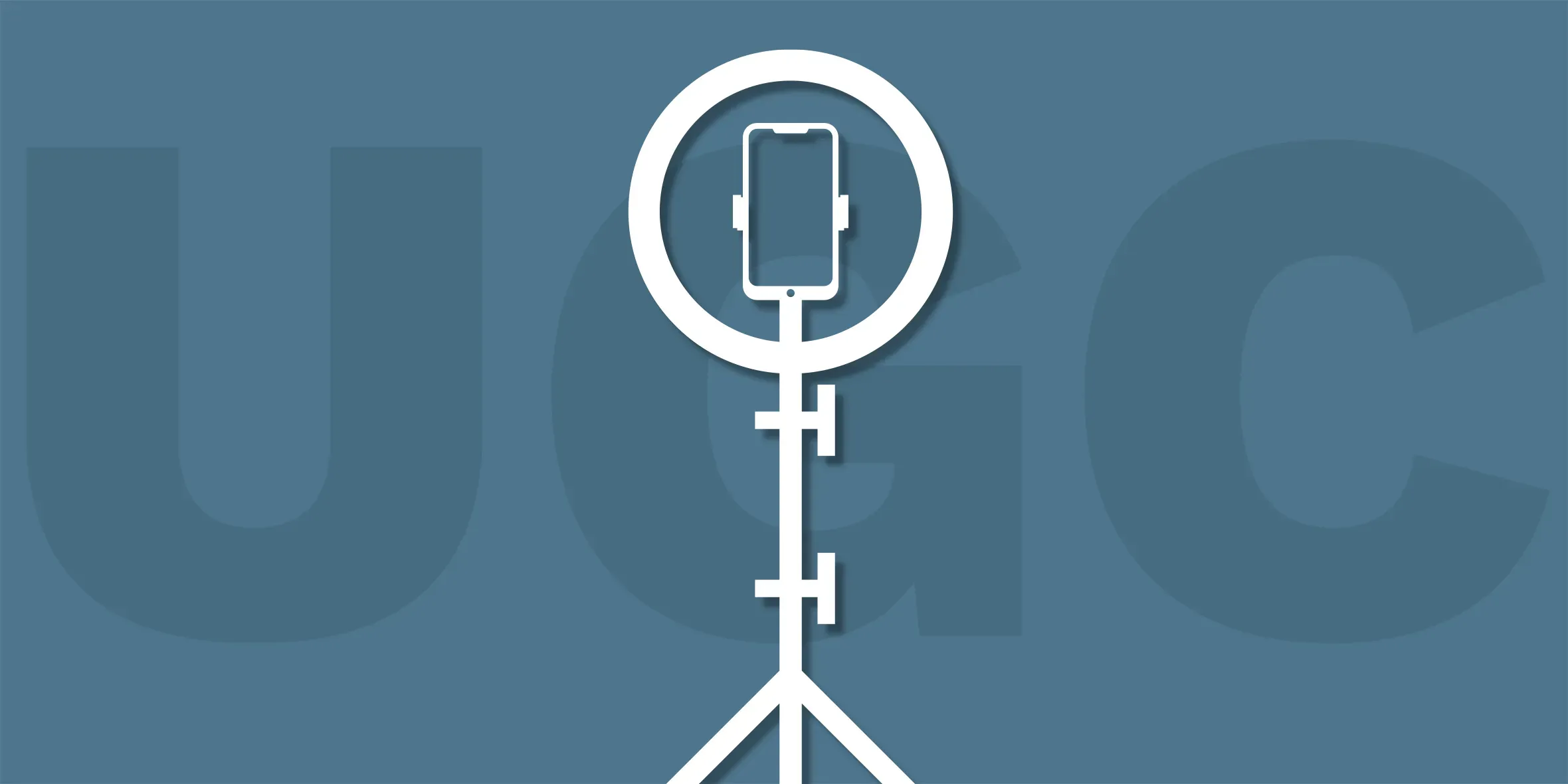 A smartphone is mounted on a tripod with a ring light in front of a blue background displaying the large letters UGC