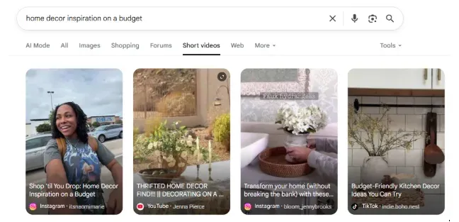 A Google search for "home decor inspiration on a budget" shows short video results featuring people and decor ideas with flowers, kitchen items, and home accents.