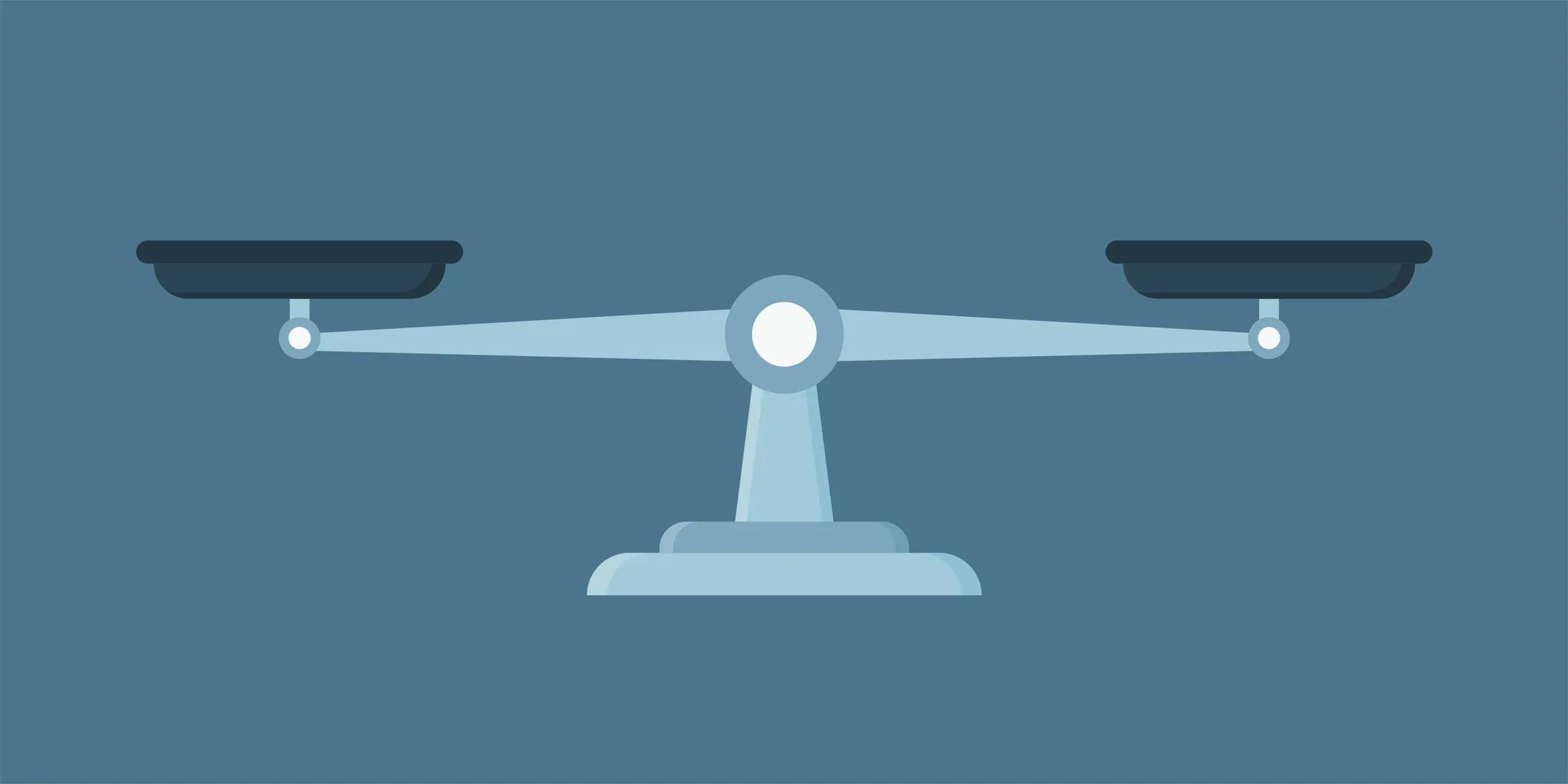 A simple illustration of a balanced scale with two empty pans on either side, set against a solid blue background.